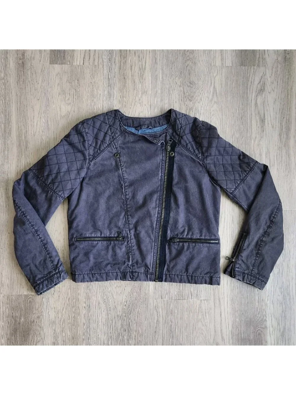 Gap Black Denim Jacket Youth Girls 12 Quilted Lined Zipper Pockets Long Sleeves